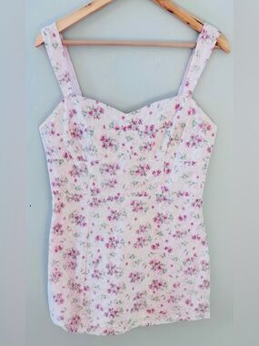 Pink Floral Mini Dress Ruffle Strap Fit & Flare Cottagecore Size Medium